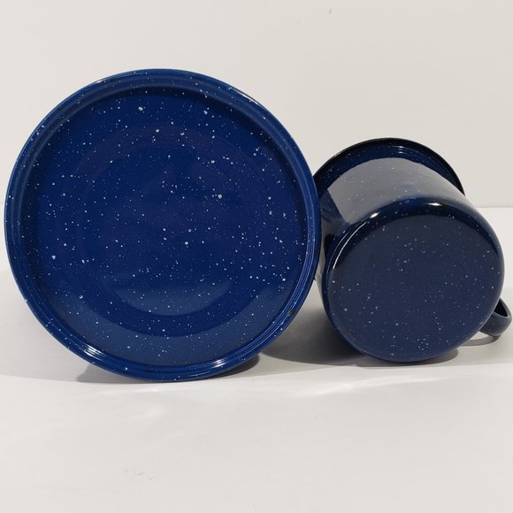 Blue & White, Navy Trimmed Speckled Coffee Pot Enamel Ware with One Cup - Picture 6 of 7